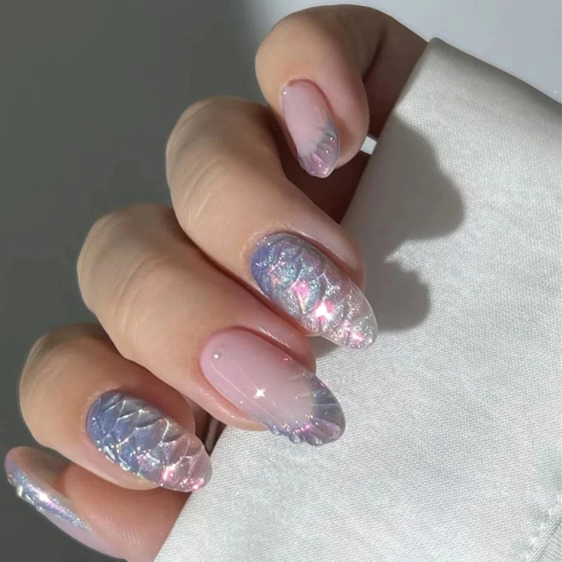 Fish Scale Glitter Powder Long Pointed Fake Nail Shell Pearl Cat Eye Starfish Ripple False Nails Art Charm Press on Nails