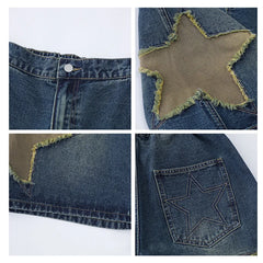 Star Patch Denim Shorts BF Style Loose Versatile Wide Leg Half Pants High Waisted Straight Leg Pants
