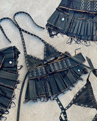 Retro Street Washed Denim Two-Piece Skirt Set Hip Hop Harajuku Goth Halves Neck Top Mini Pleated Skirt Trendy Set