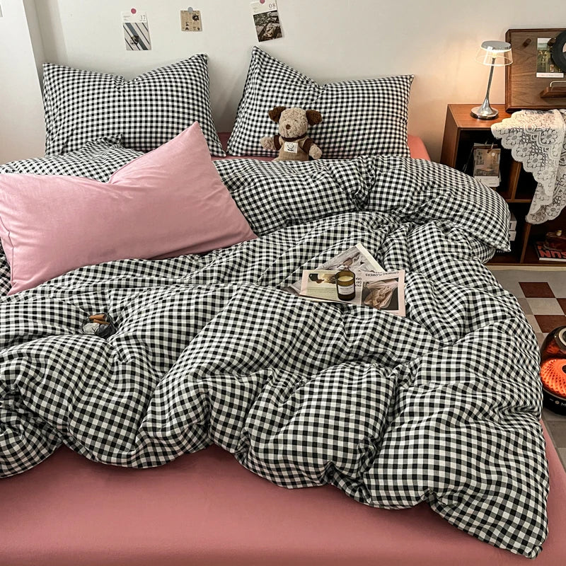 Vintage Double Sided Red Plaid Bedding Set Skin-Friendly Soft Duvet Cover Set with Bed Sheet