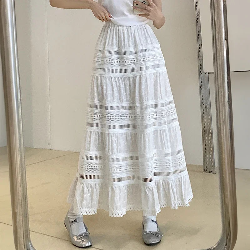 Embroidery Eyelet Cut-out Maxi Skirt White Cotton Semi Sheer Flowy Long Skirt Boho Vacation Fairycore Outfit