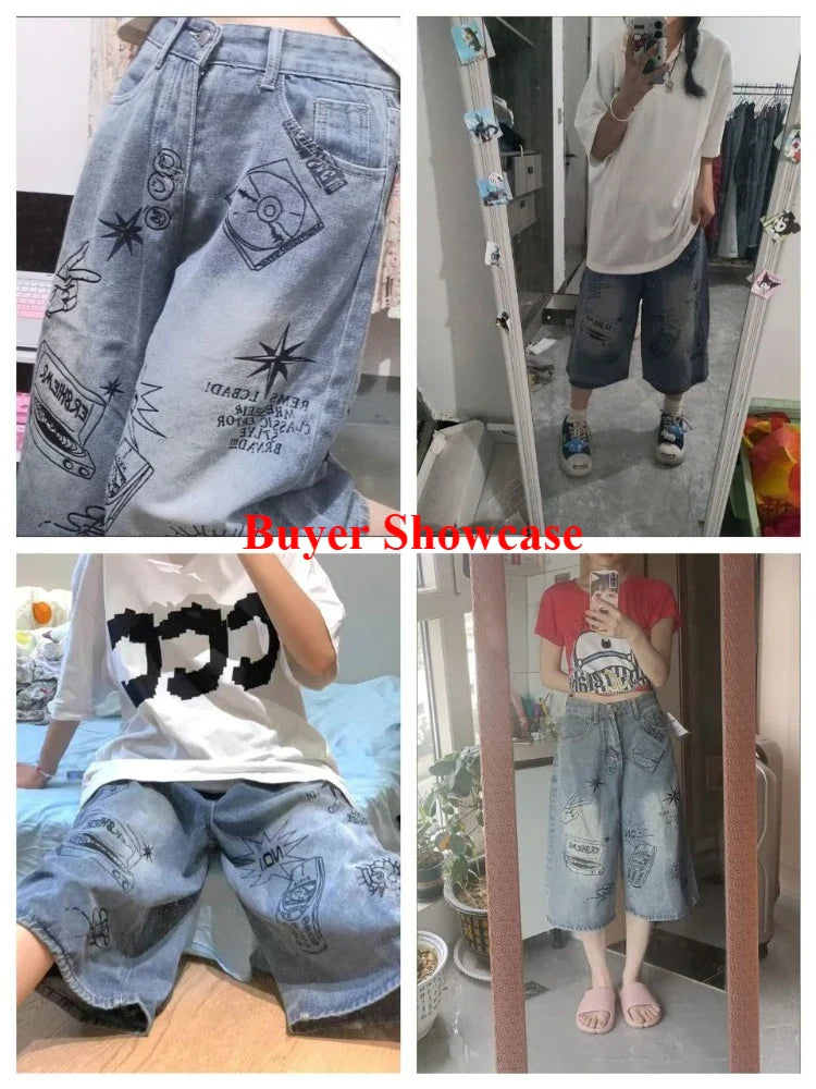 Y2k Style Baggy Denim Shorts Wide Leg Short Pants High Waisted Dark Wash Knee Length Loose Unisex Jeans Casual