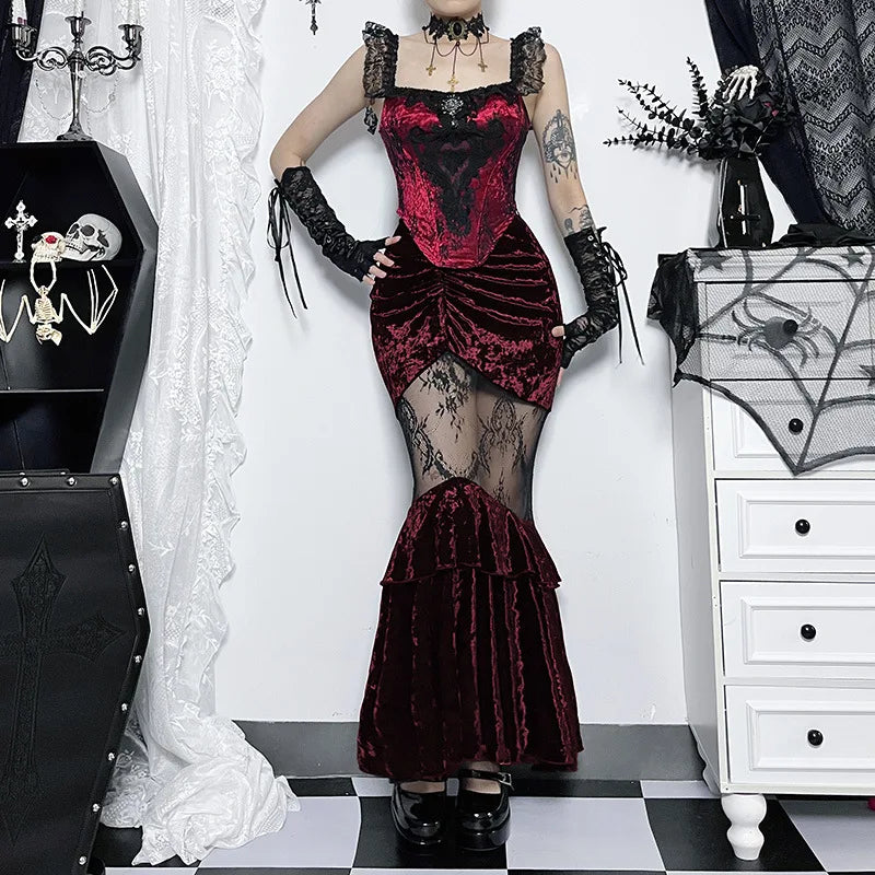 Goth Dark Ruched Vintage Gothic Velvet Skirts Grunge Mesh Splice Mermaid Skirt High Waist Elegant Partywear