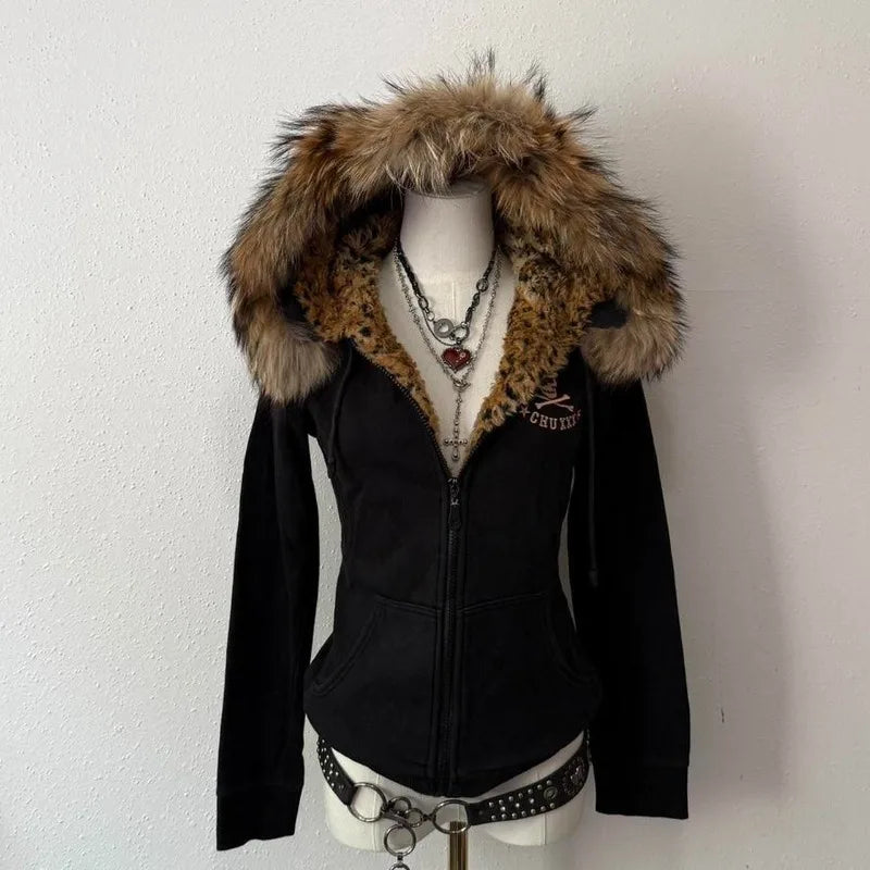 Skull Embroidery Super Leopard Hooded Sweater Y2K Gothic Hip Hop Casual Joker Sweatshirt