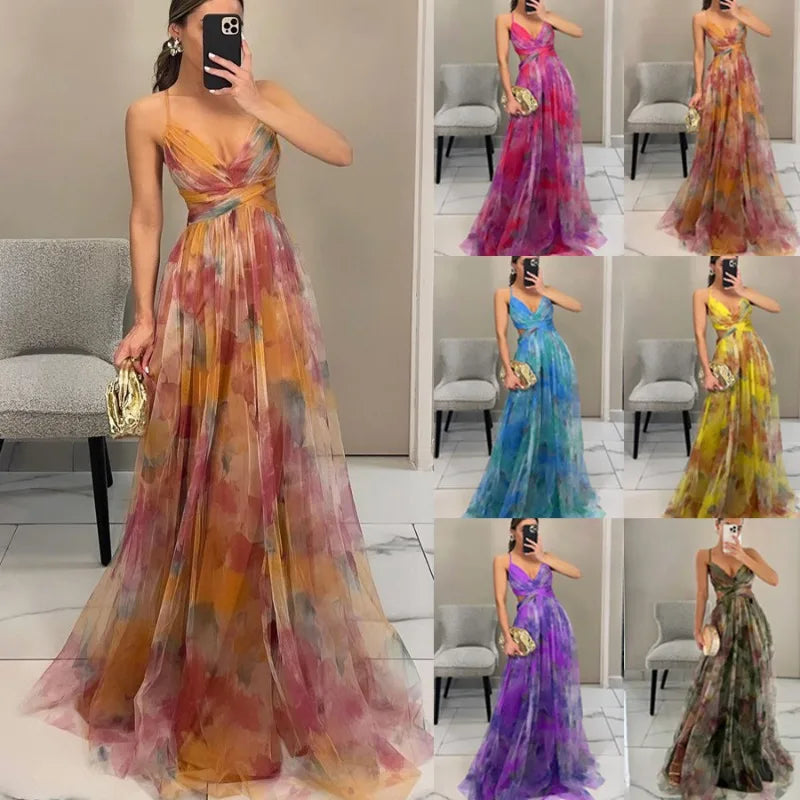 Elegant Print Pleated Mesh Evening Dress Off Shoulder Ins Vacation Long Dress V Neck High Waist Backless Sling Dress