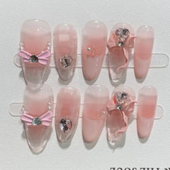 10pcs Purple Cat's Eye Handmade Fake Nails Tips Glitter Mid-length Oval Press on Nails Art Bow Rhinestone Design False Nail Sets