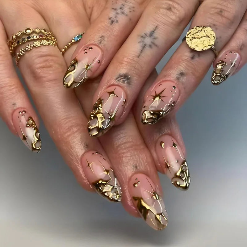 24pcs Golden Lines Patterns False Nails Dark Purple Blush French Fake Nails