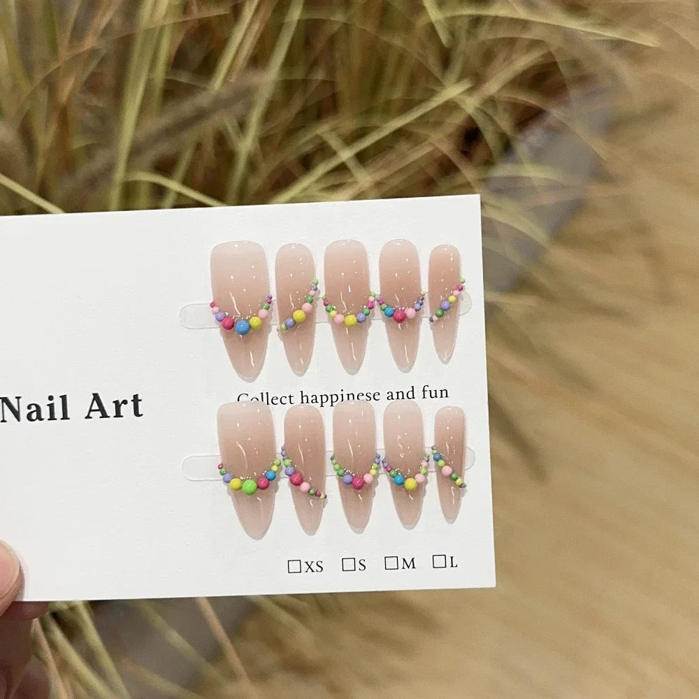 Sweet Lovely Cartoon Bear Long Coffin Stiletto Fake Nails Bowknot Pearl Diamond Flowers Cat Eyes Wearable Fake Nails