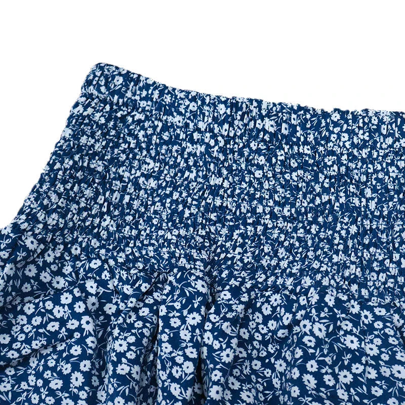 Blue Half Length Floral Pleated Mini Skirt Ruffled Edge Printedable Floral High Waist Short Skirts