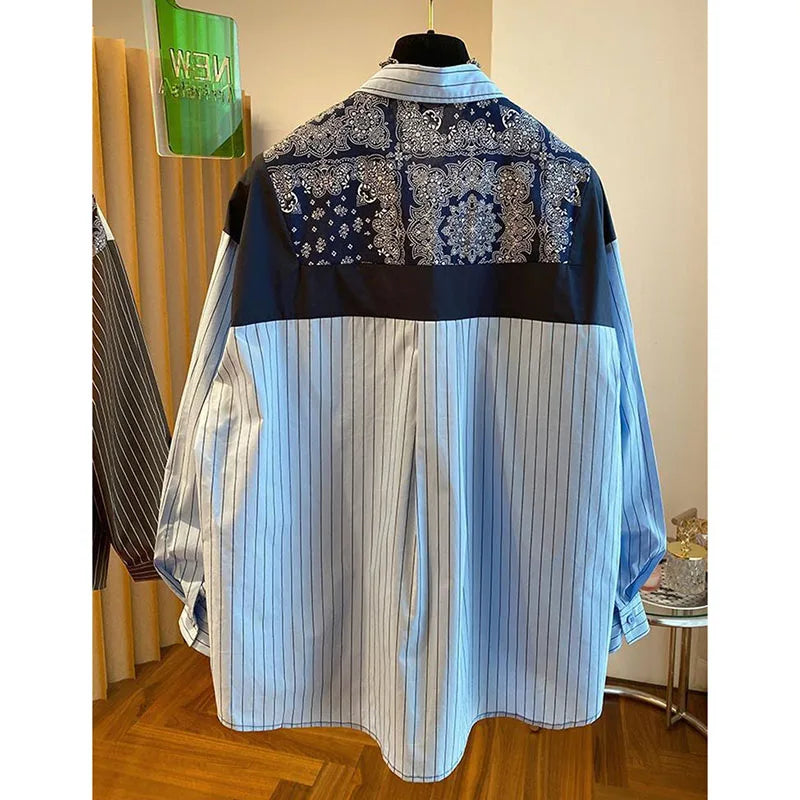 Korean Print Spliced Striped Long-Sleeved Shirt Loose Casual All-match Lapel Blouse Lady Tops