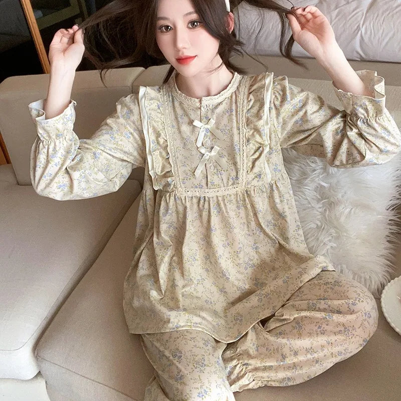 Ladies Pajamas Garden Style Student Casual Long Sleeve Pants Two-Piece Bow Set Nightwear Four Season Academic Atmosphere