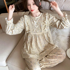 Ladies Pajamas Garden Style Student Casual Long Sleeve Pants Two-Piece Bow Set Nightwear Four Season Academic Atmosphere