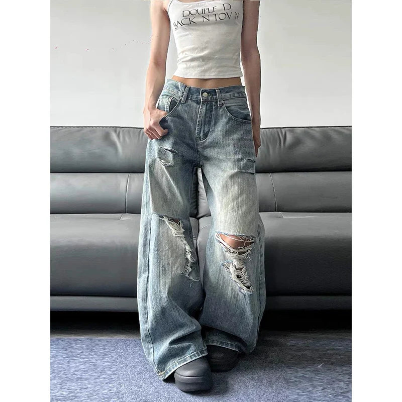 High Waist Ripped Blue Jeans American Vintage Streetwear Y2K Wide Leg Jean 2000s Trouser Baggy Denim Pants