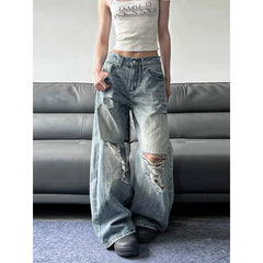 High Waist Ripped Blue Jeans American Vintage Streetwear Y2K Wide Leg Jean 2000s Trouser Baggy Denim Pants
