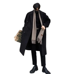 Trench Black Thick Woolen Trench Coats Korean Style Male Casual Trenchcoat Streetwear Windbreaker