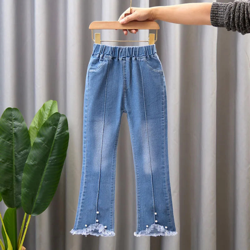 Teenage Girls Jeans Bead Lace Denim Girl Trousers Children's Stretch Waist Solid Pants Casual Bell-bottoms