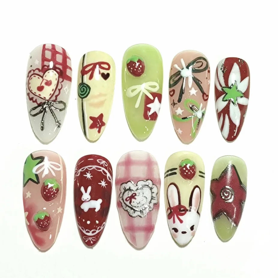 24pcs Flower Print Press on Nails Wine Red Blush Almond False Nail Tips Wearable Reusable Spicy Girl Fake Nails