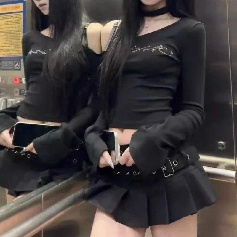 design double belt pleated skirt
