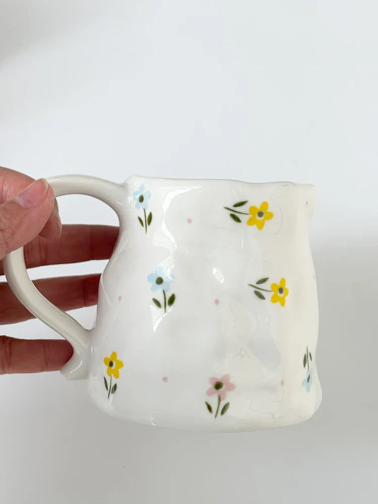 Retro floral cup, ceramic cup, hand-squeezed irregular cup, coffee cup, milk cup, water cup, high-value cup