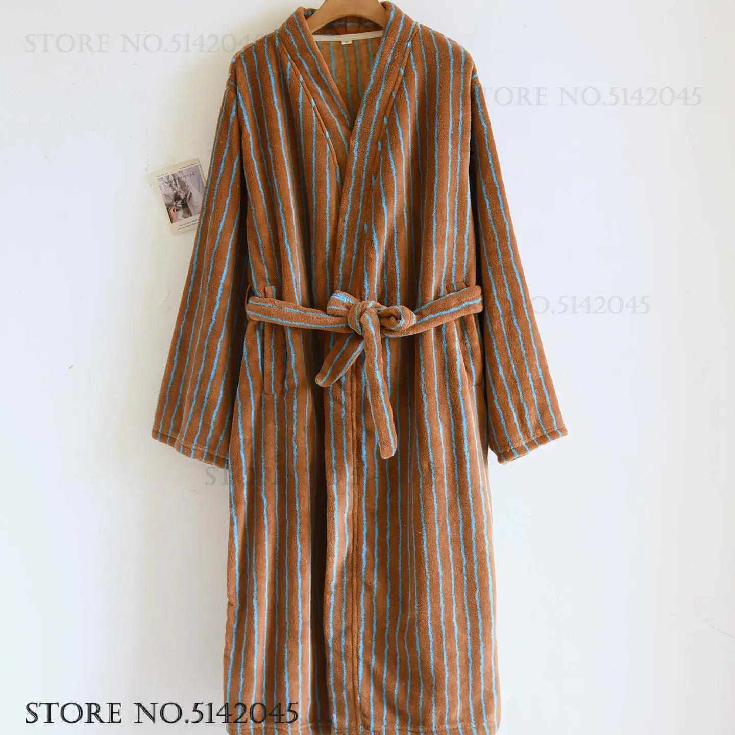 Robe Home Dress Thicken Flannel Bathrobe Kimono Gown Loose Print Stripe Sleepwear Coral Fleece Loungewear
