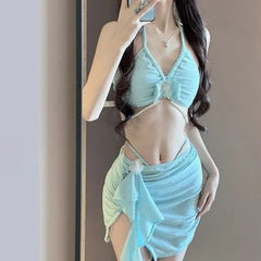 3 Piece Pearl Fringe Bikini Set Separate Swimsuit Slimming Bathing Suit