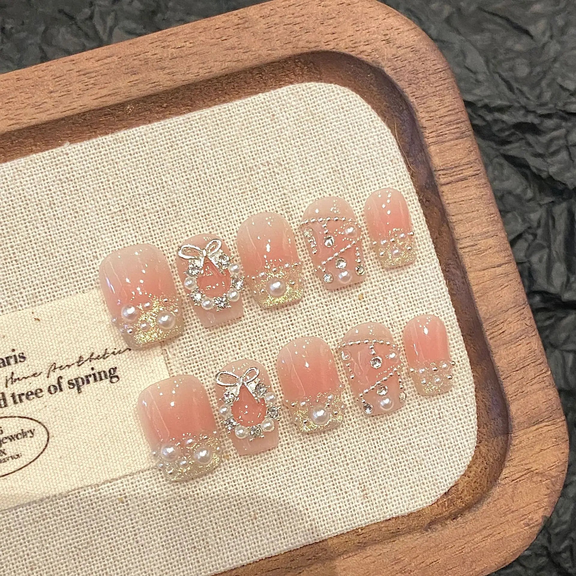 Handmade Press on Nails Sweet Bowknot Pearl Decor French Fake Nails