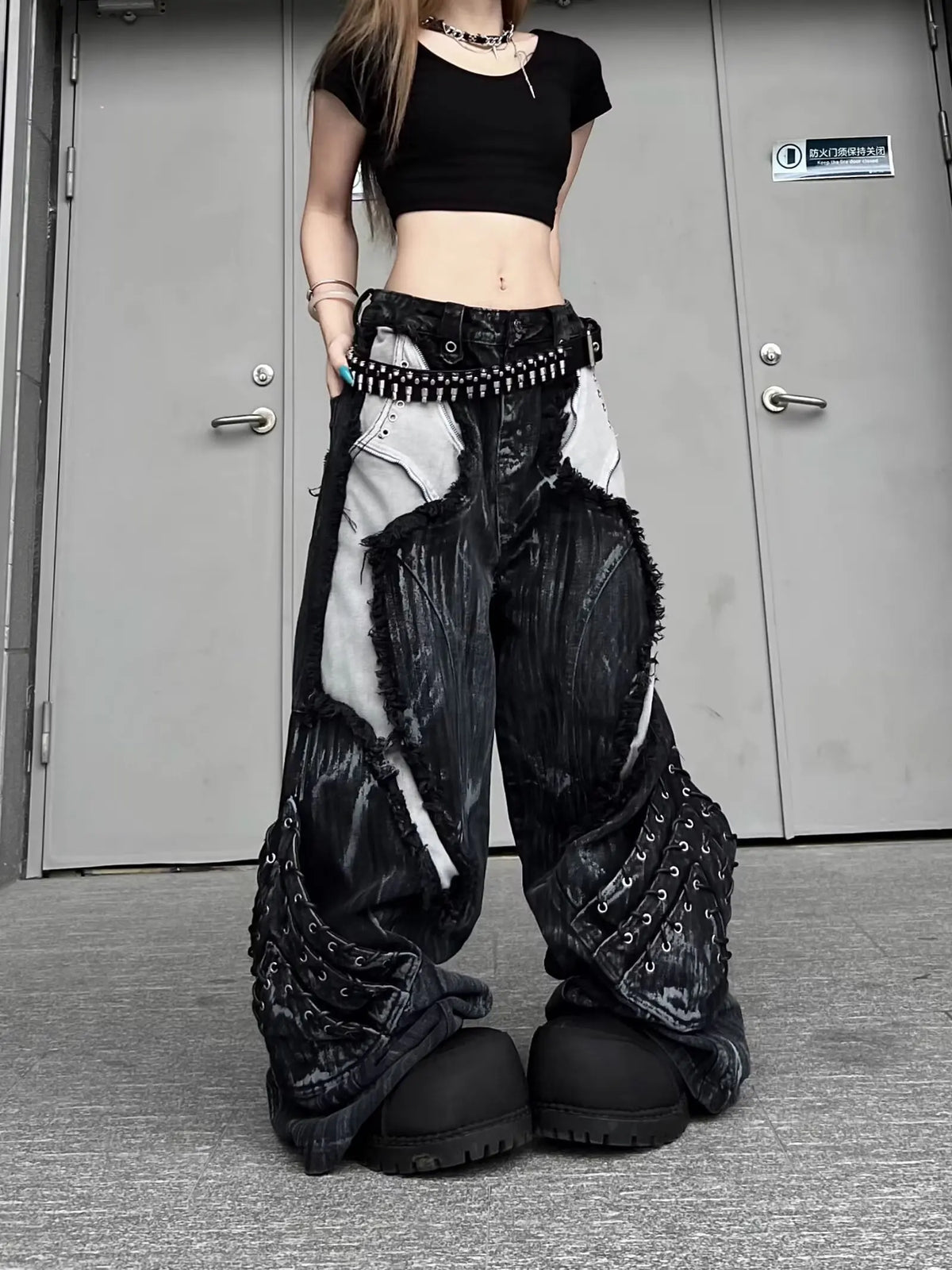 Vintage Patchwork Distressed Jeans Hip Hop Loose Wide Leg Cargo Pants Washed Distressed Denim Trousers