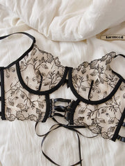 Sheer Lace Chiffon Skirt with Mesh Embroidery Lingerie Briefs Suit Women Sexy Bra Underwear