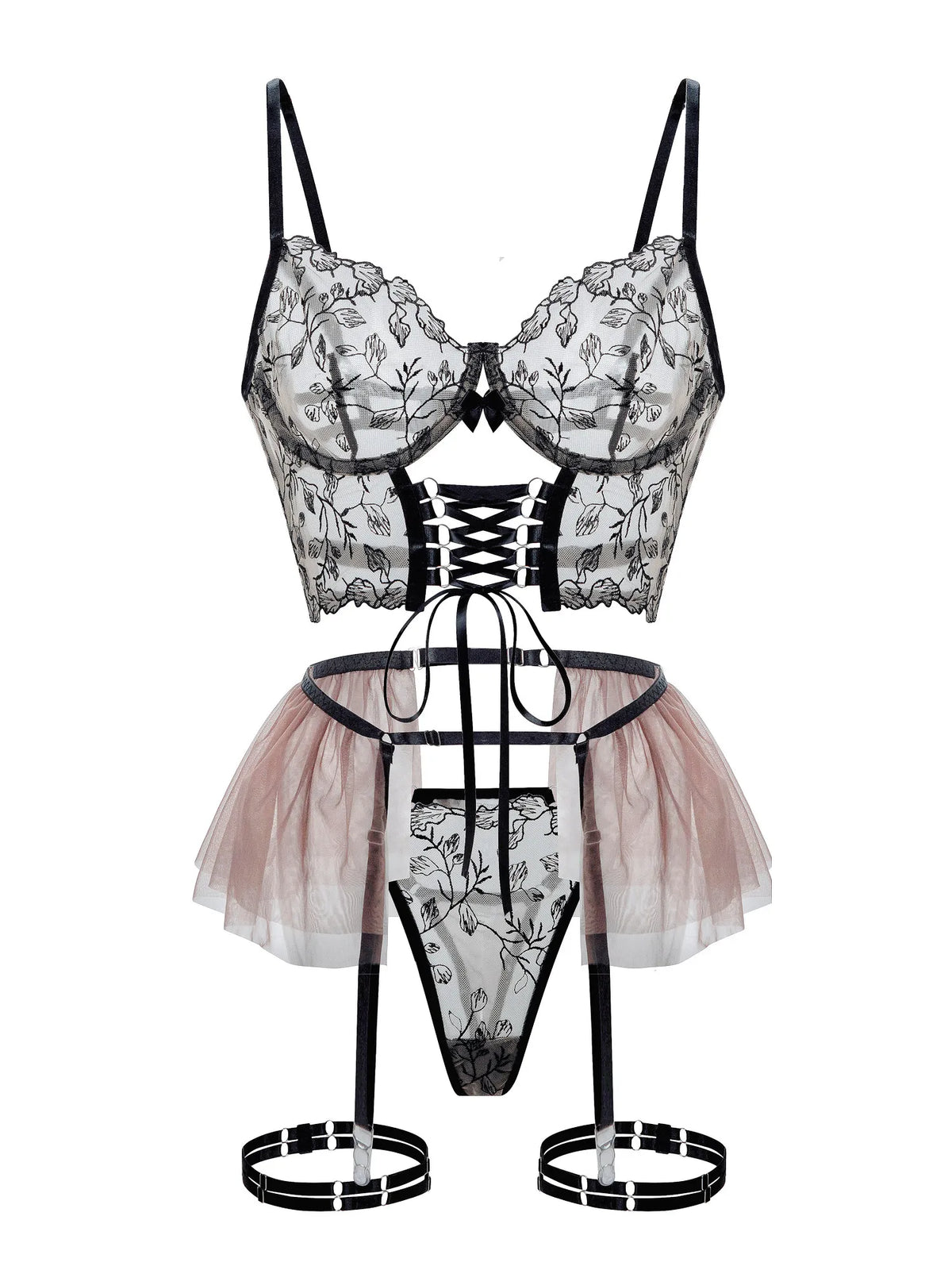 Sheer Lace Chiffon Skirt with Mesh Embroidery Lingerie Briefs Suit Women Sexy Bra Underwear