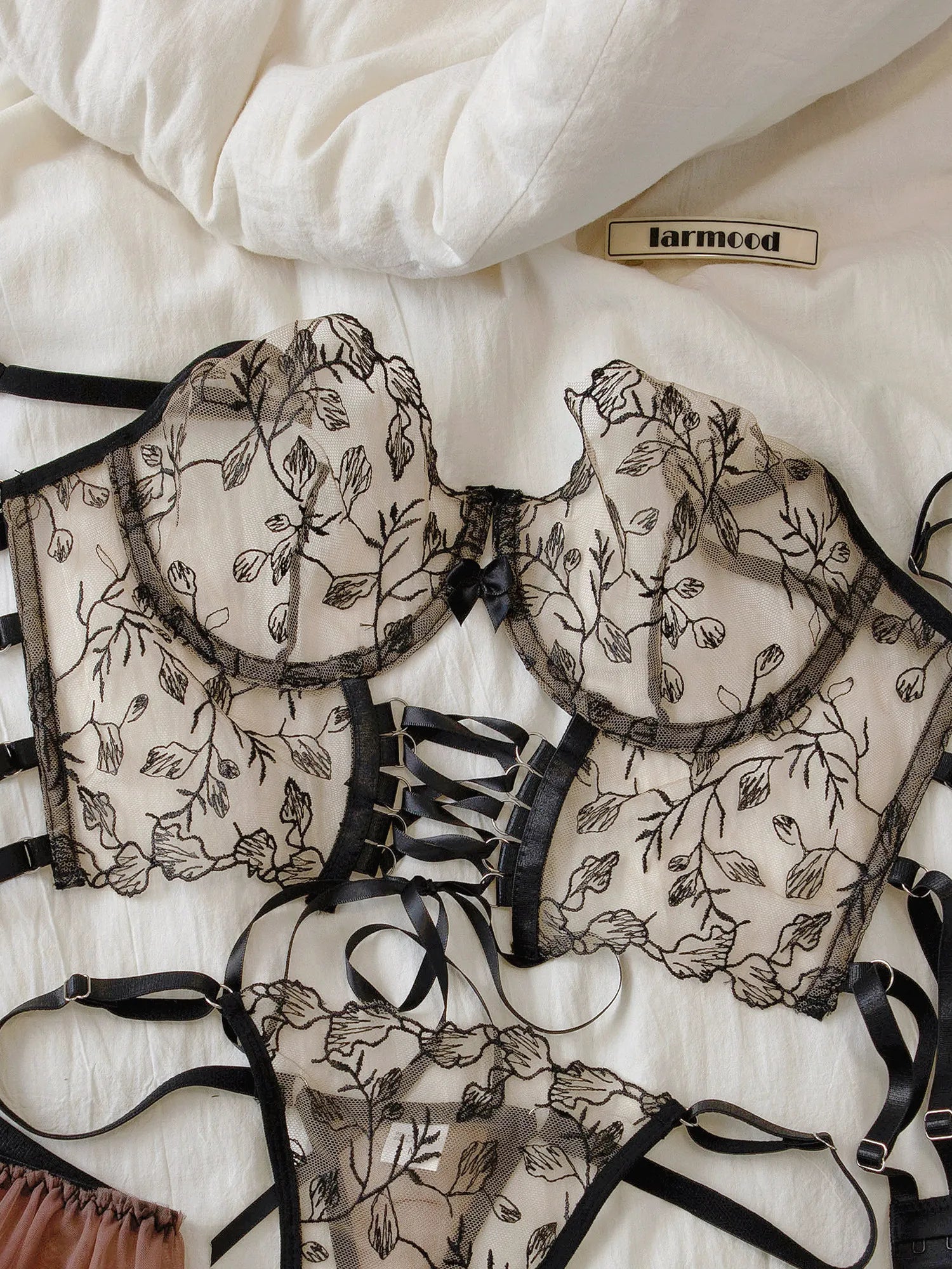 Sheer Lace Chiffon Skirt with Mesh Embroidery Lingerie Briefs Suit Women Sexy Bra Underwear