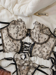 Sheer Lace Chiffon Skirt with Mesh Embroidery Lingerie Briefs Suit Women Sexy Bra Underwear