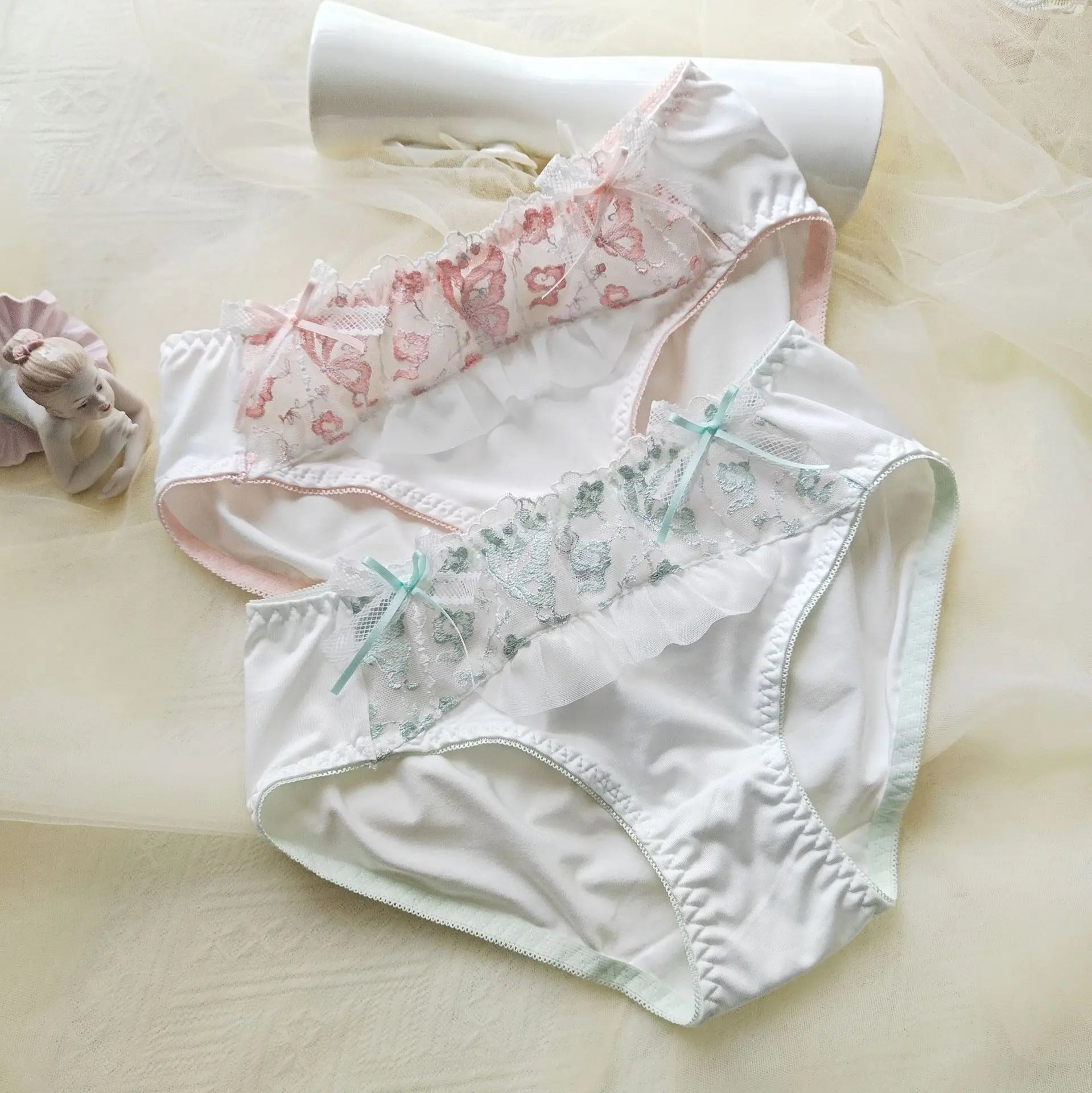 Silver Thread Embroidered Lingerie Breifs Suit Butterfly Cute Ruffle Student Underwear