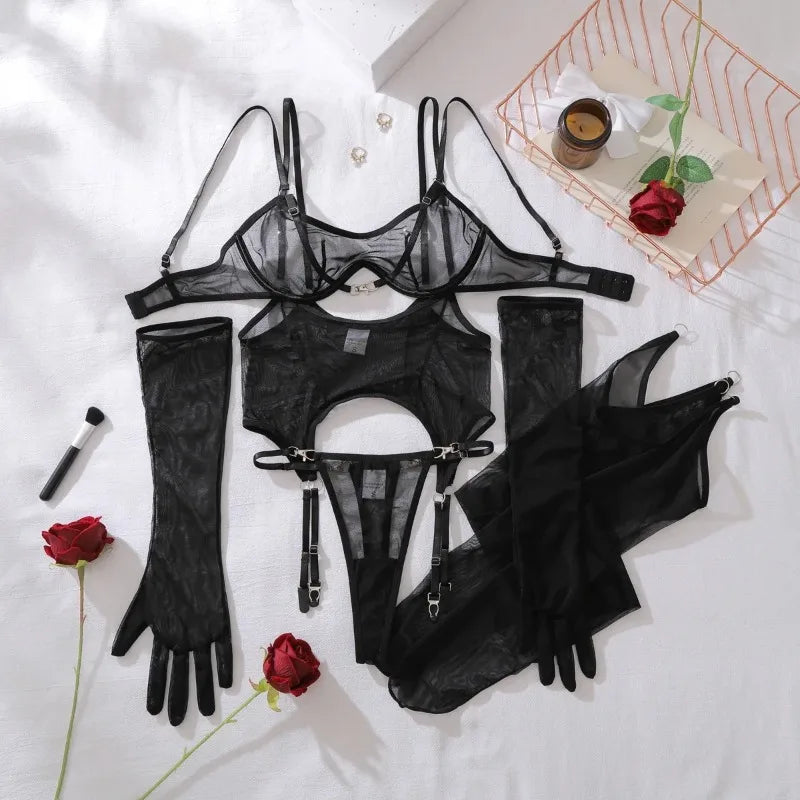 Solid Women's Lingerie Sets Seductive See Through Bra Belt Thong 3PC