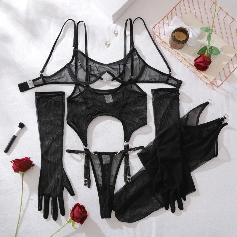 Solid Women's Lingerie Sets Seductive See Through Bra Belt Thong 3PC