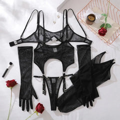 Solid Women's Lingerie Sets Seductive See Through Bra Belt Thong 3PC