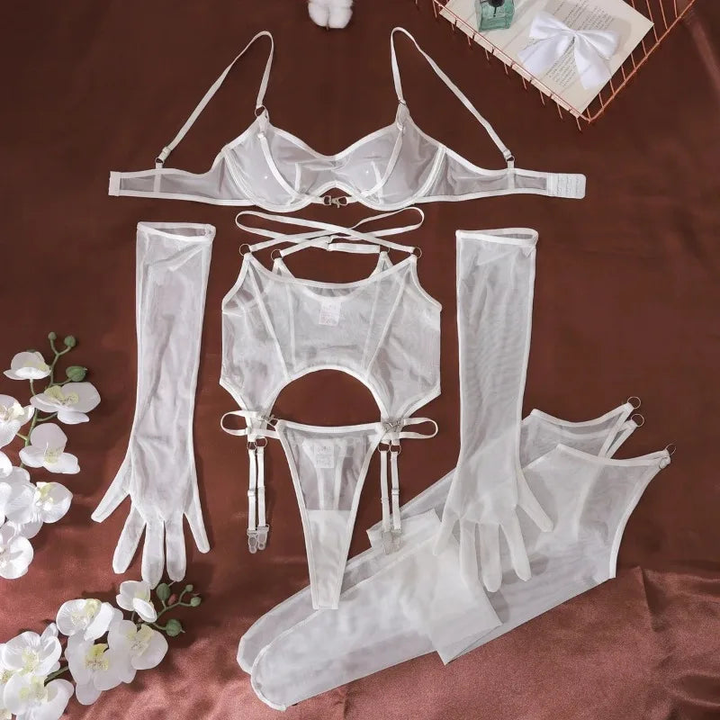 Solid Women's Lingerie Sets Seductive See Through Bra Belt Thong 3PC