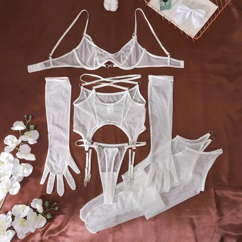 Solid Women's Lingerie Sets Seductive See Through Bra Belt Thong 3PC