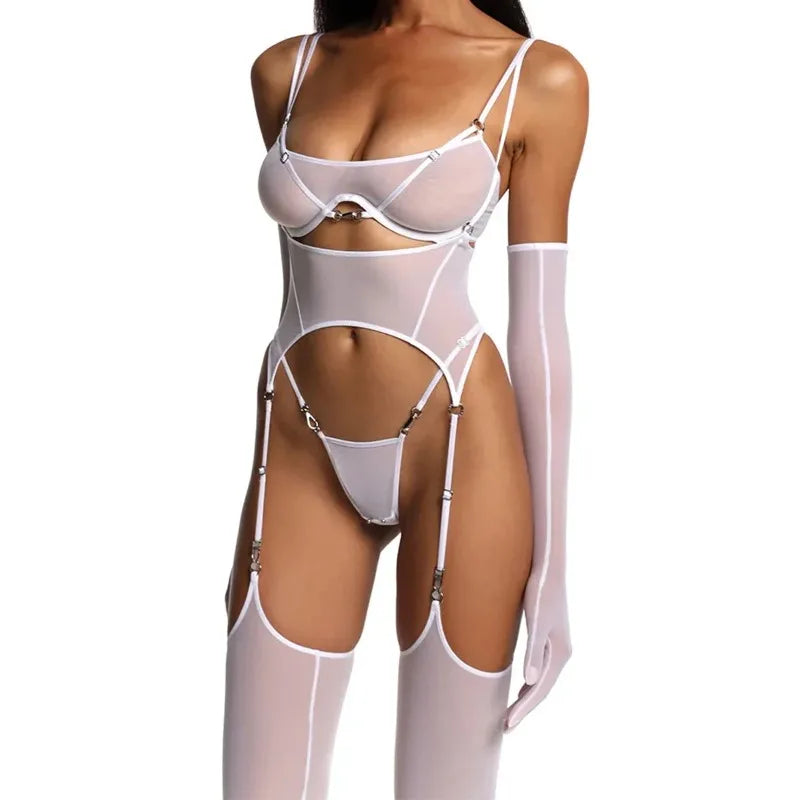 Solid Women's Lingerie Sets Seductive See Through Bra Belt Thong 3PC