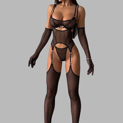 Solid Women's Lingerie Sets Seductive See Through Bra Belt Thong 3PC