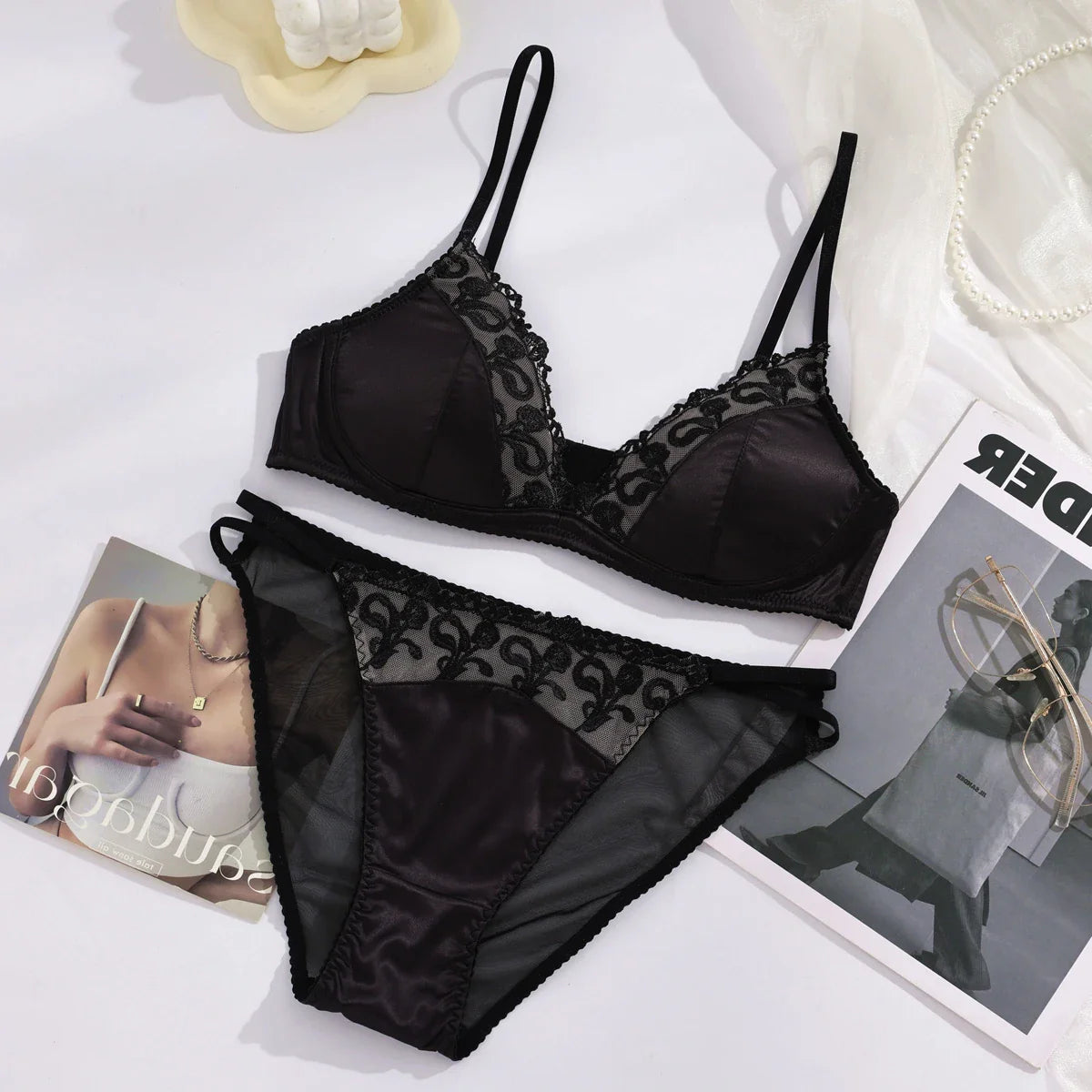 Lace Embroidery Flowers Women Lingerie Set