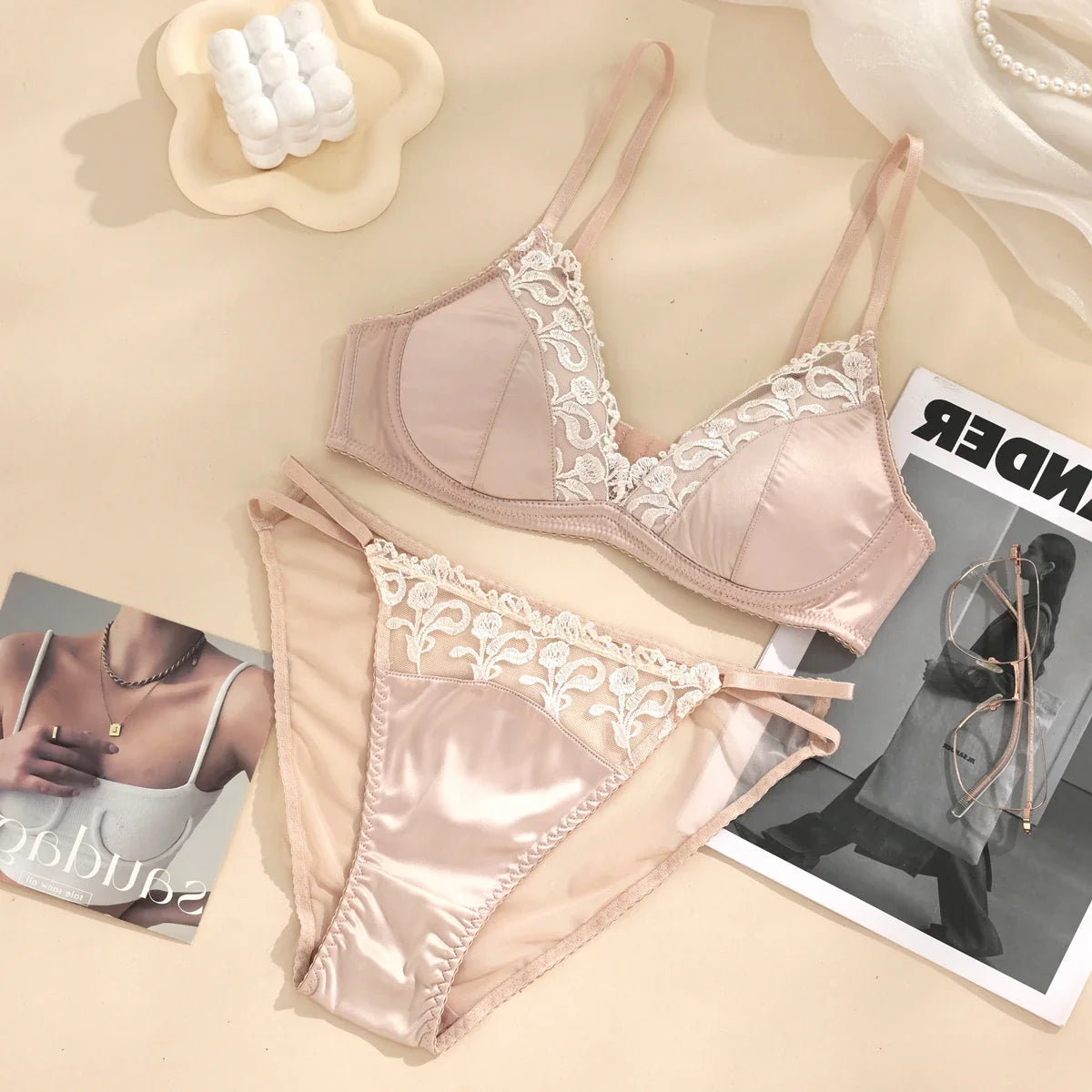 Lace Embroidery Flowers Women Lingerie Set