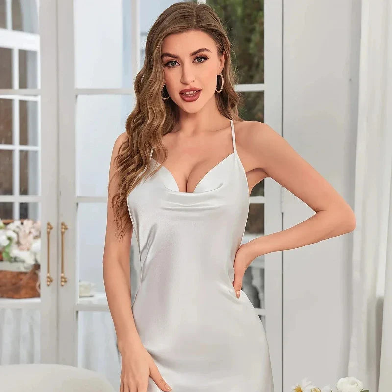 Solid Silk Stain V-neck Nightgown Women's Sleepwear