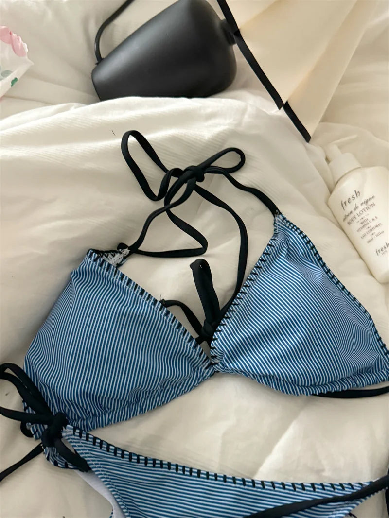 Swimsuit Bikini Split Girls Striped Blue Lingerie Women Bras Vintage Slim Tie Vacation Style Underrwear Swimwear
