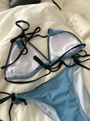 Swimsuit Bikini Split Girls Striped Blue Lingerie Women Bras Vintage Slim Tie Vacation Style Underrwear Swimwear
