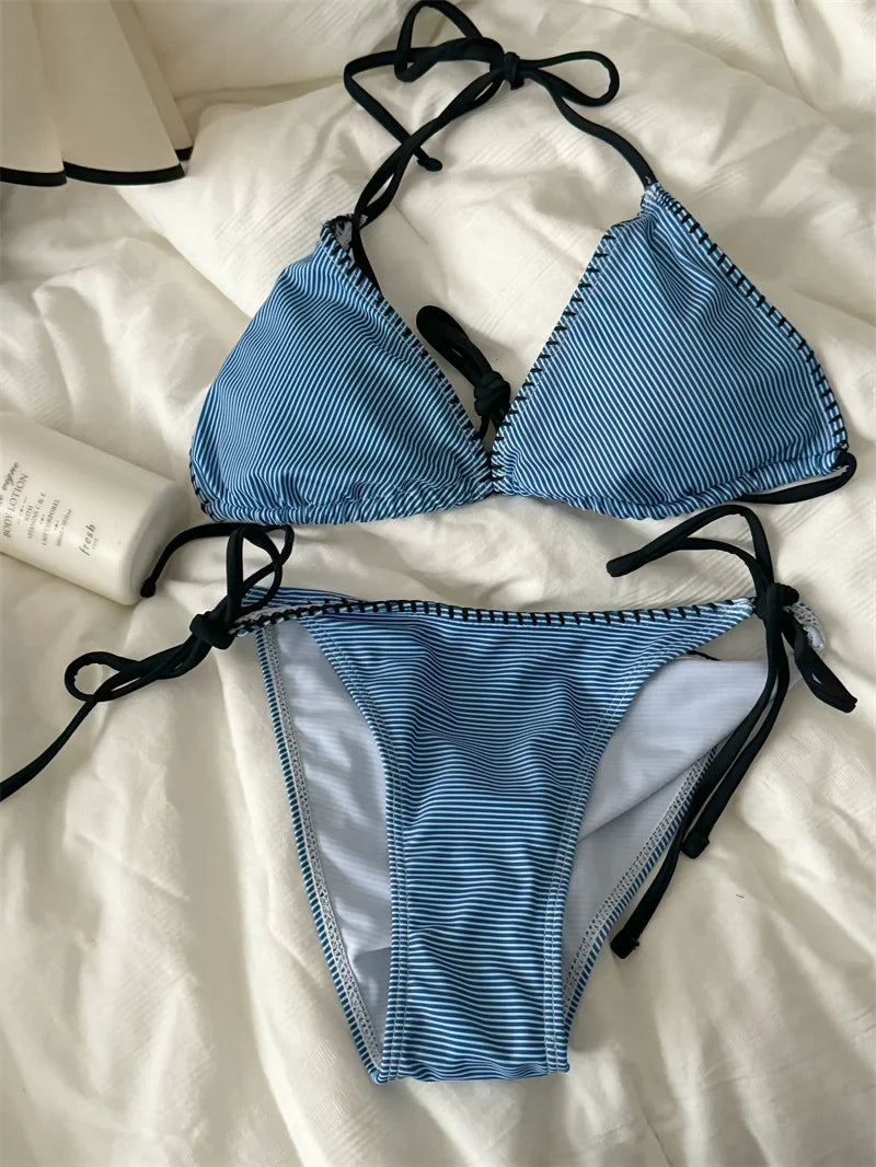 Swimsuit Bikini Split Girls Striped Blue Lingerie Women Bras Vintage Slim Tie Vacation Style Underrwear Swimwear