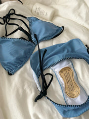 Swimsuit Bikini Split Girls Striped Blue Lingerie Women Bras Vintage Slim Tie Vacation Style Underrwear Swimwear