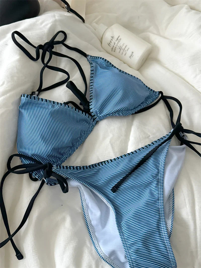 Swimsuit Bikini Split Girls Striped Blue Lingerie Women Bras Vintage Slim Tie Vacation Style Underrwear Swimwear