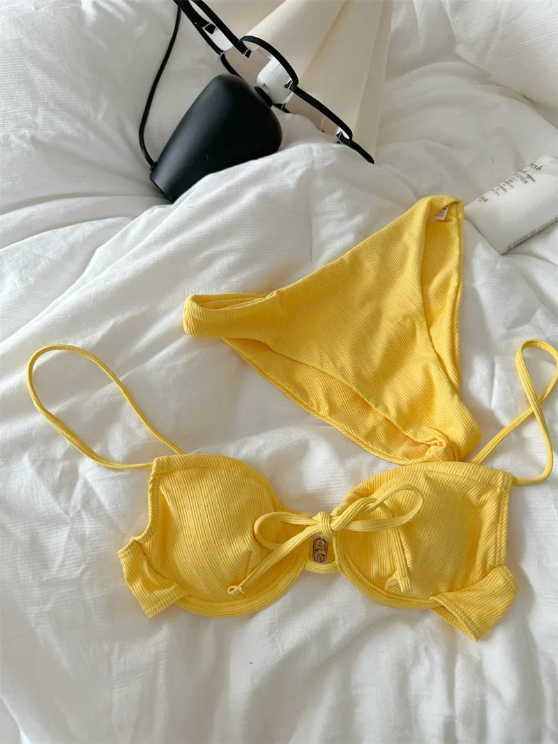 Swimsuit Bikini Split Girls Striped Yellow Lingerie With Breifs Suit Vintage Slim Tie Vacation Style Underwear