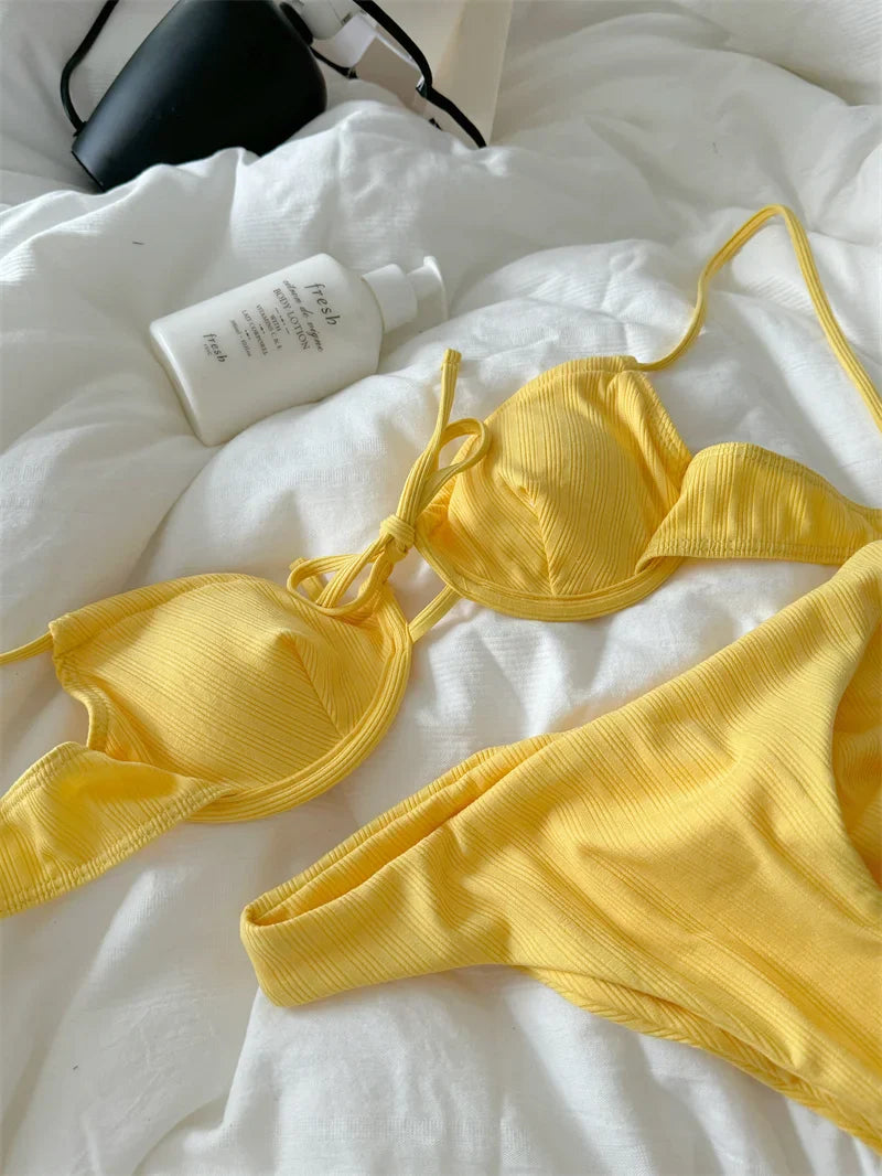 Swimsuit Bikini Split Girls Striped Yellow Lingerie With Breifs Suit Vintage Slim Tie Vacation Style Underwear