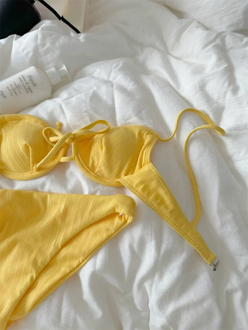 Swimsuit Bikini Split Girls Striped Yellow Lingerie With Breifs Suit Vintage Slim Tie Vacation Style Underwear